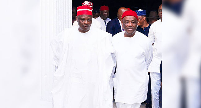 Rivers State Governor Nyesom Wike receives Rabiu Kwankwaso in Port Harcourt, Rivers State, on June 24, 2022.