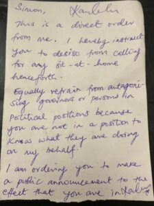 BREAKING: Nnamdi Kanu Releases Handwritten Letter, Warns Simon Ekpa, Declares End To All Sit-At-Home In South-East Region (Picture)