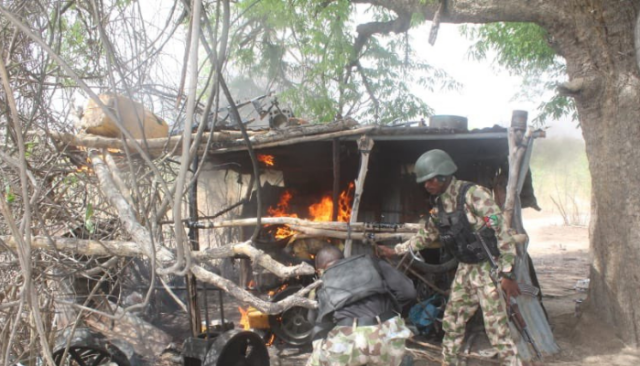 Troops burning terrorists’ camp
