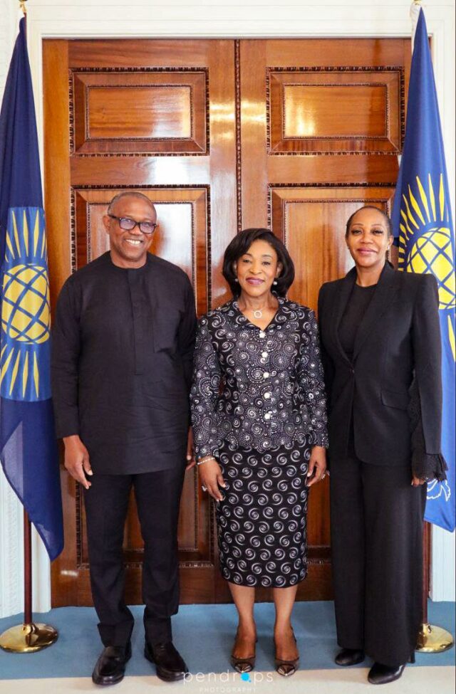 Mr Peter Obi, Labour Party Presidential Candidate in the 2023 Presidential election, Hon Shirley Botchwey, Commonwealth Secretary General and Mrs Margaret Peter-Obi after their meeting at the Commonwealth HQ, Marlborough House, London, UK, yesterday.
