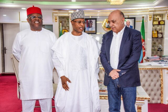 Umahi Sani From left to right: The Honourable Minister of Works, Engr./Sen. David Umahi; the Executive Governor of Kaduna State, Senator Uba Sani; and the Managing Director of Infouest Construction Company, Hussaini Isaq Magaji, during a group photograph while addressing the media after a closed-door meeting at the Federal Ministry of Works Headquarters, Mabushi, Abuja, today, Friday, October 10, 2025.
