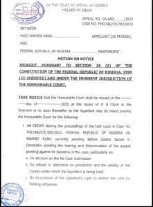 Mazi Nnamdi Kanu Seeks Court of Appeal Stay in Treason Trial Ahead of November 20 Judgment