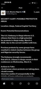 U.S. Embassy Warns Citizens in Abuja to Remain Indoors Amid Potential Protests