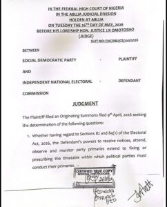 Court Orders INEC to Amend 2027 Election Timetable, Says 120 Day Candidate Submission Rule Must Stand — SDP Wins Partial Victory Against Electoral Commission